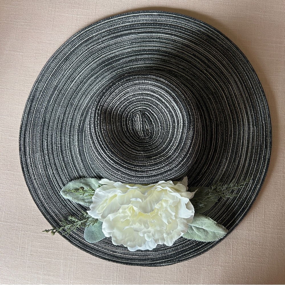 Sophisticated Black/Navy White woven Women's Hat with Pretty White Peony Accent
